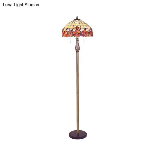 Shell Red Floor Lamp: Mediterranean Stand Up Light With Lattice Bowl And Flower Pattern - 2 Lights