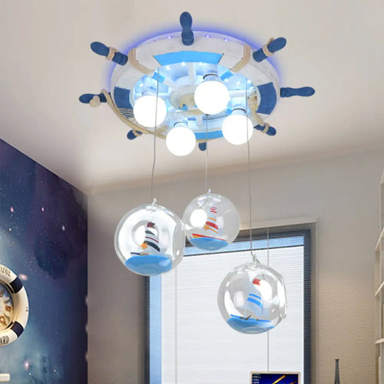 Ship-Inspired Nautical Blue Pendant Light With 7 Wood Lights For Game Room