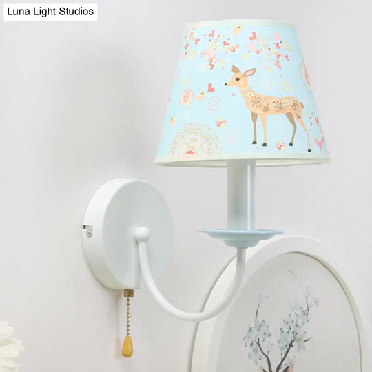 Sika Deer Wall Light: Adorable Animal Sconce For Girls Bedroom - 1 Light Blue Fabric With Pull Chain