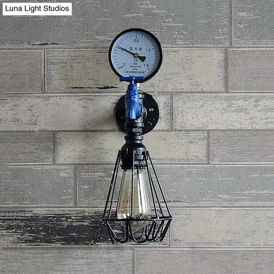 Silver/Blue Industrial Diamond Cage Wall Lamp With Gauge And Faucet - 1 Light Wrought Iron Lighting