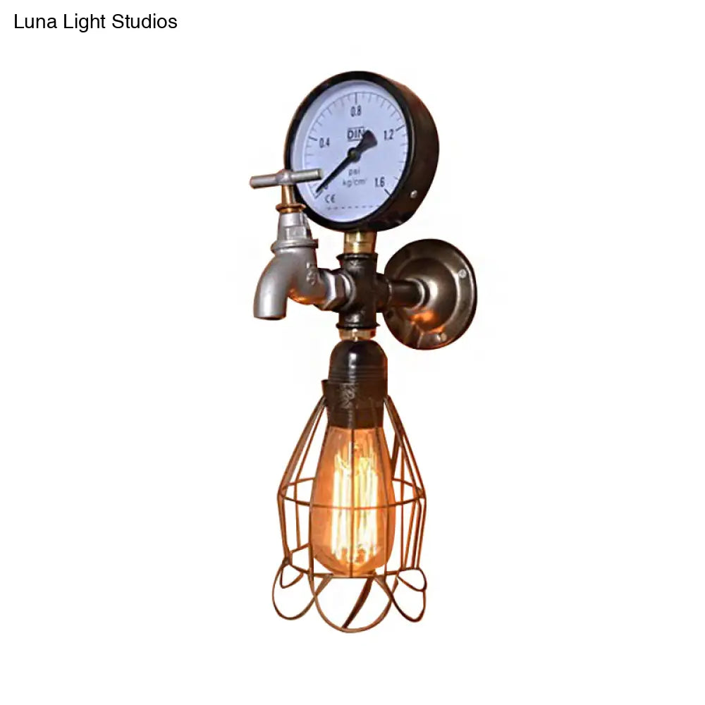 Silver/Blue Industrial Diamond Cage Wall Lamp With Gauge And Faucet - 1 Light Wrought Iron Lighting