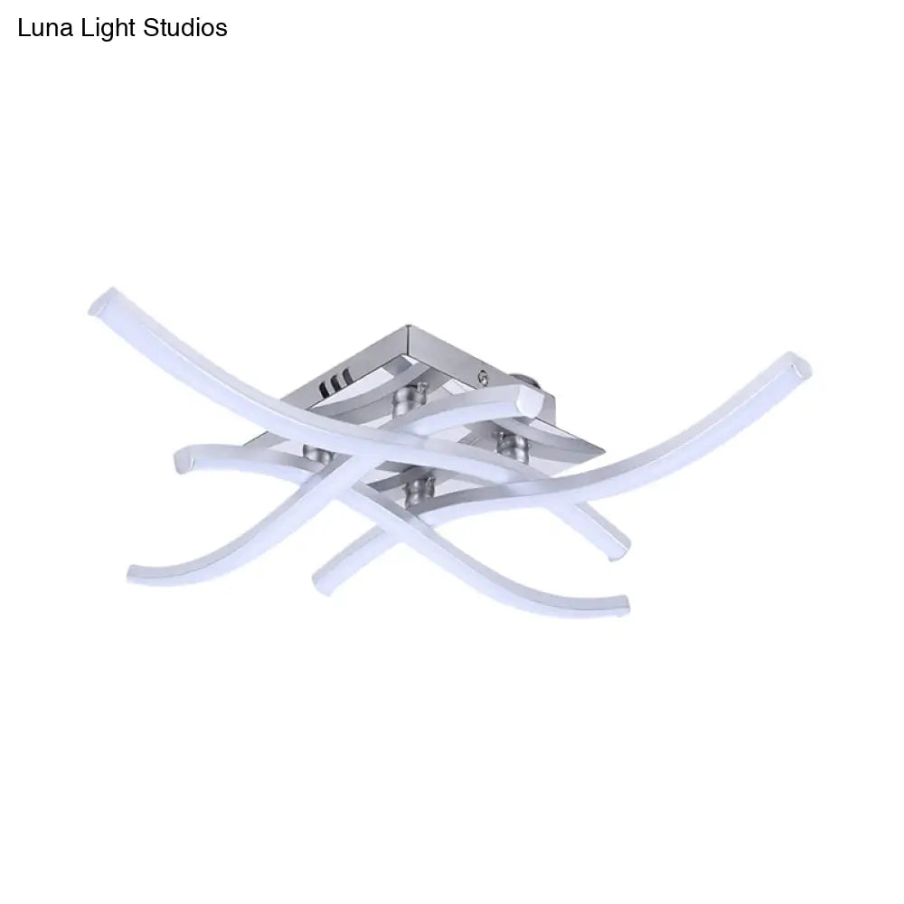 Silver Crossed Wave Led Metallic Ceiling Mount Light In White/Warm - Modern Semi Flush Design