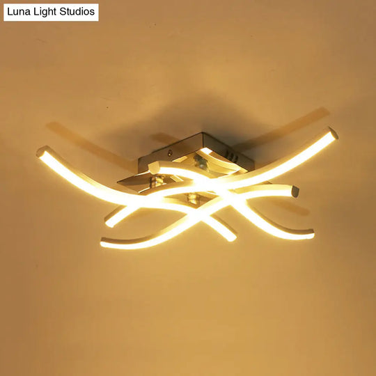 Silver Crossed Wave Led Metallic Ceiling Mount Light In White/Warm - Modern Semi Flush Design