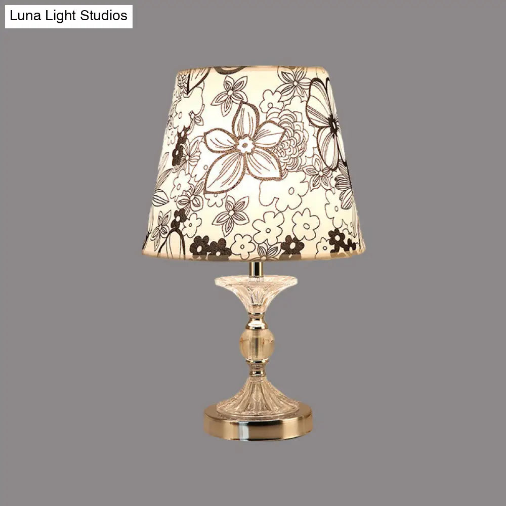 Silver Crystal Nightstand Lamp: Flower-Patterned Shade Fabric Table Light For Traditional Living