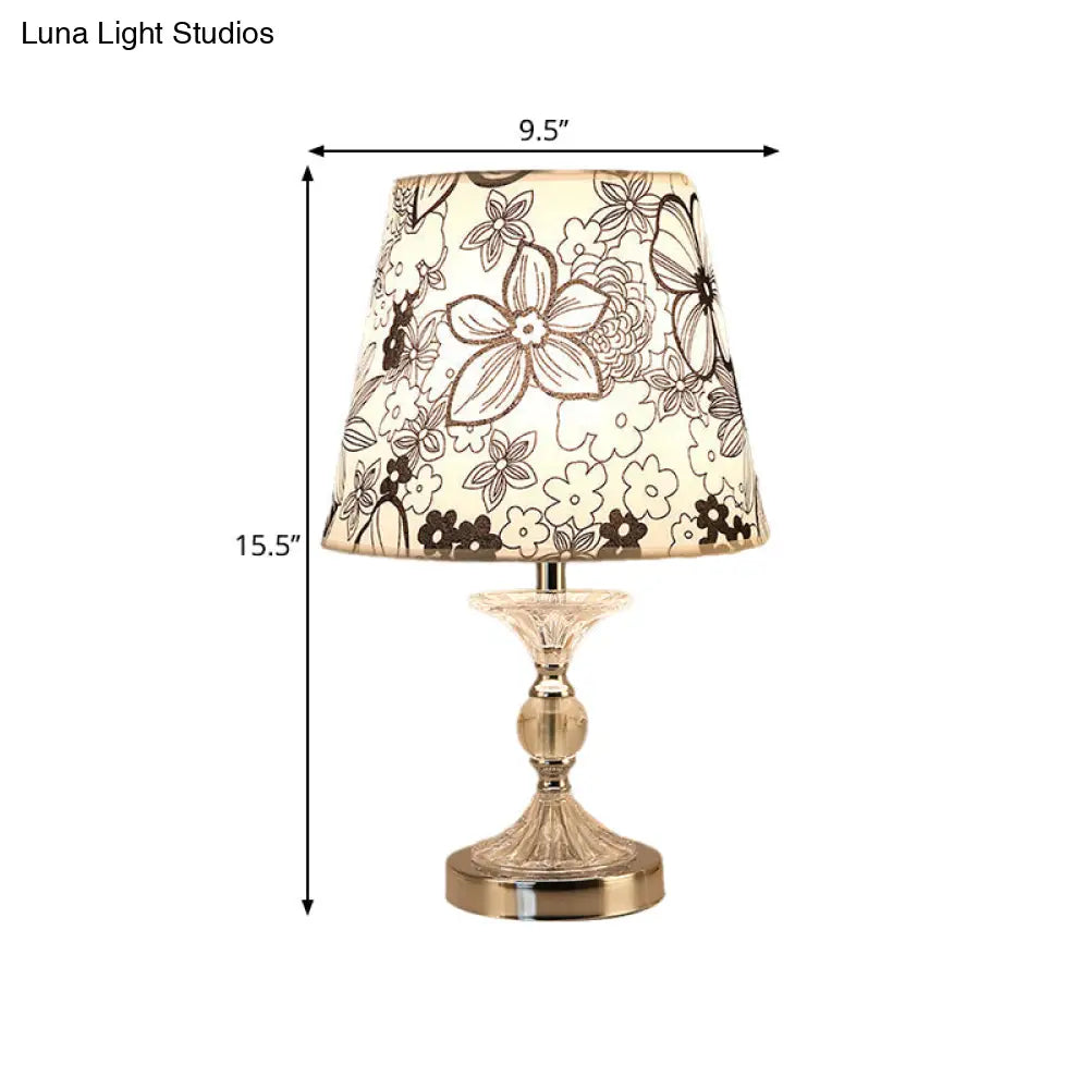 Silver Crystal Nightstand Lamp: Flower-Patterned Shade Fabric Table Light For Traditional Living