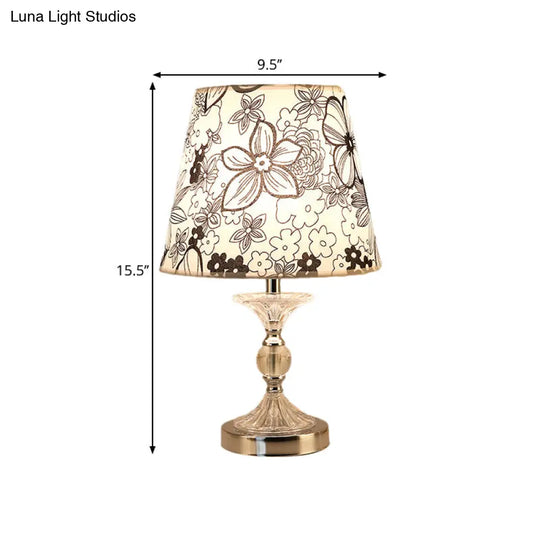 Silver Crystal Nightstand Lamp: Flower-Patterned Shade Fabric Table Light For Traditional Living