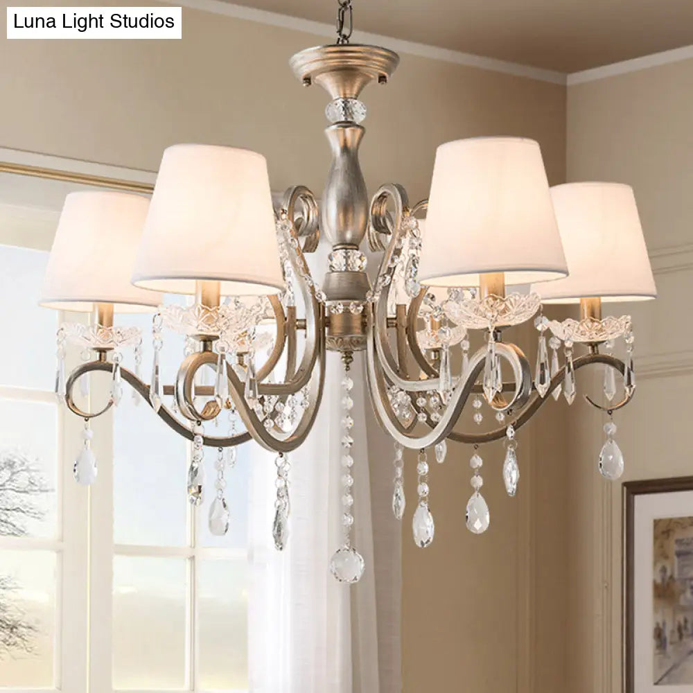 Silver Empire Shade Chandelier With Crystal Draping - Antique Pendant Light For Elegant Living Rooms