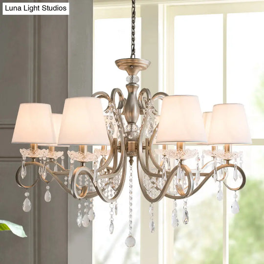 Silver Empire Shade Chandelier With Crystal Draping - Antique Pendant Light For Elegant Living Rooms