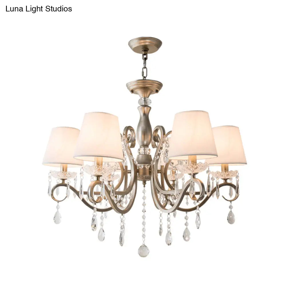 Silver Empire Shade Chandelier With Crystal Draping - Antique Pendant Light For Elegant Living Rooms