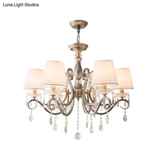 Silver Empire Shade Chandelier With Crystal Draping - Antique Pendant Light For Elegant Living Rooms