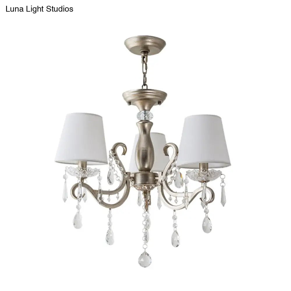 Silver Empire Shade Chandelier With Crystal Draping - Antique Pendant Light For Elegant Living Rooms