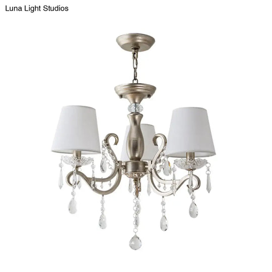 Silver Empire Shade Chandelier With Crystal Draping - Antique Pendant Light For Elegant Living Rooms