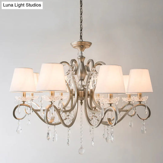 Silver Empire Shade Chandelier With Crystal Draping - Antique Pendant Light For Elegant Living Rooms