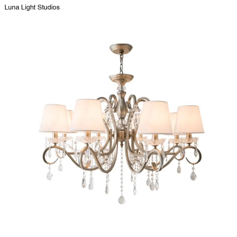 Silver Empire Shade Chandelier With Crystal Draping - Antique Pendant Light For Elegant Living Rooms