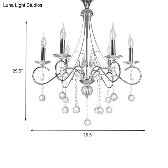 Silver Metal Chandelier With Crystal Ball Décor - 6 Heads Traditional Candle-Style Lighting For