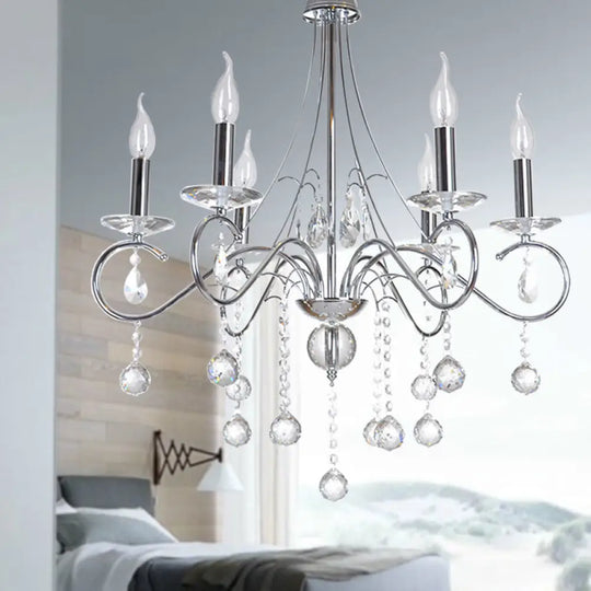 Silver Metal Chandelier With Crystal Ball Décor - 6 Heads Traditional Candle-Style Lighting For