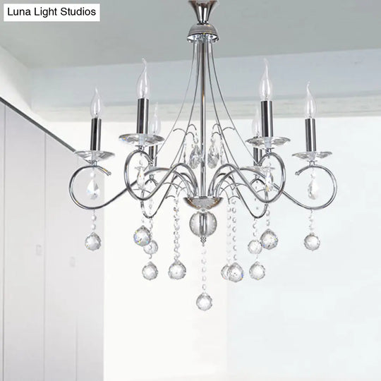 Silver Metal Chandelier With Crystal Ball Décor - 6 Heads Traditional Candle-Style Lighting For