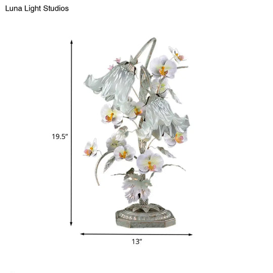 Silver Metal Flower Night Table Lamp - Countryside Nightstand Lighting For Living Room (2 Bulbs)