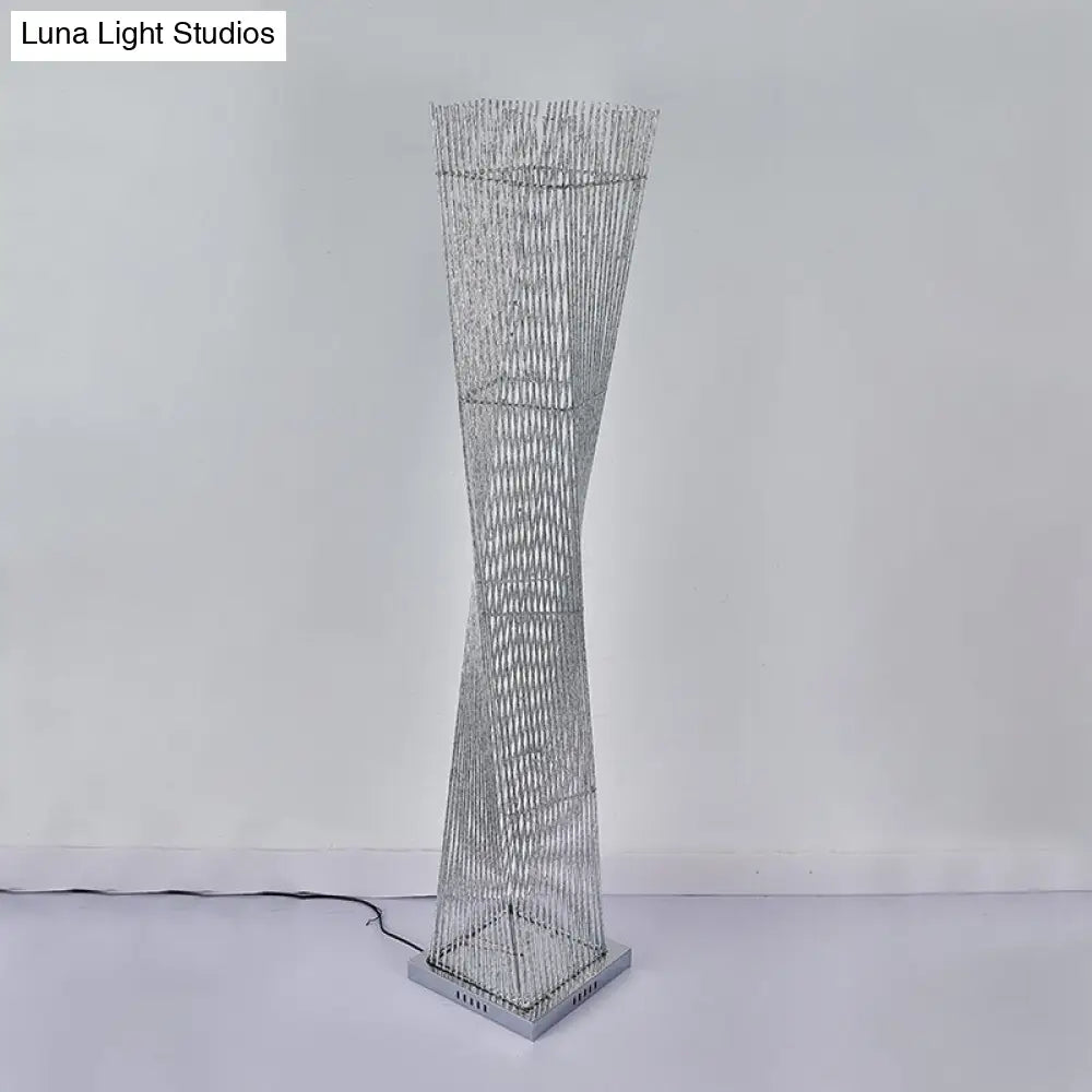 Silver Metal Led Floor Lamp Twisted Cuboid Design For Study Room Décor