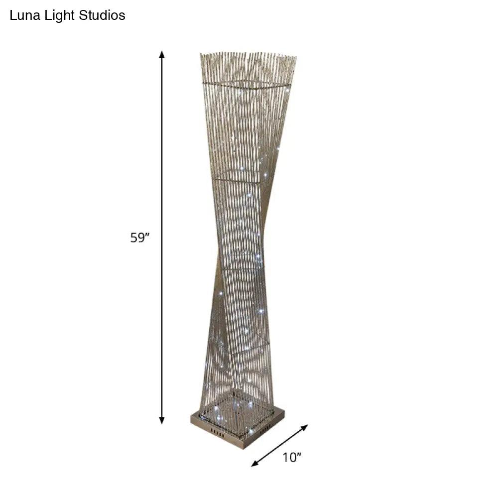 Silver Metal Led Floor Lamp Twisted Cuboid Design For Study Room Décor