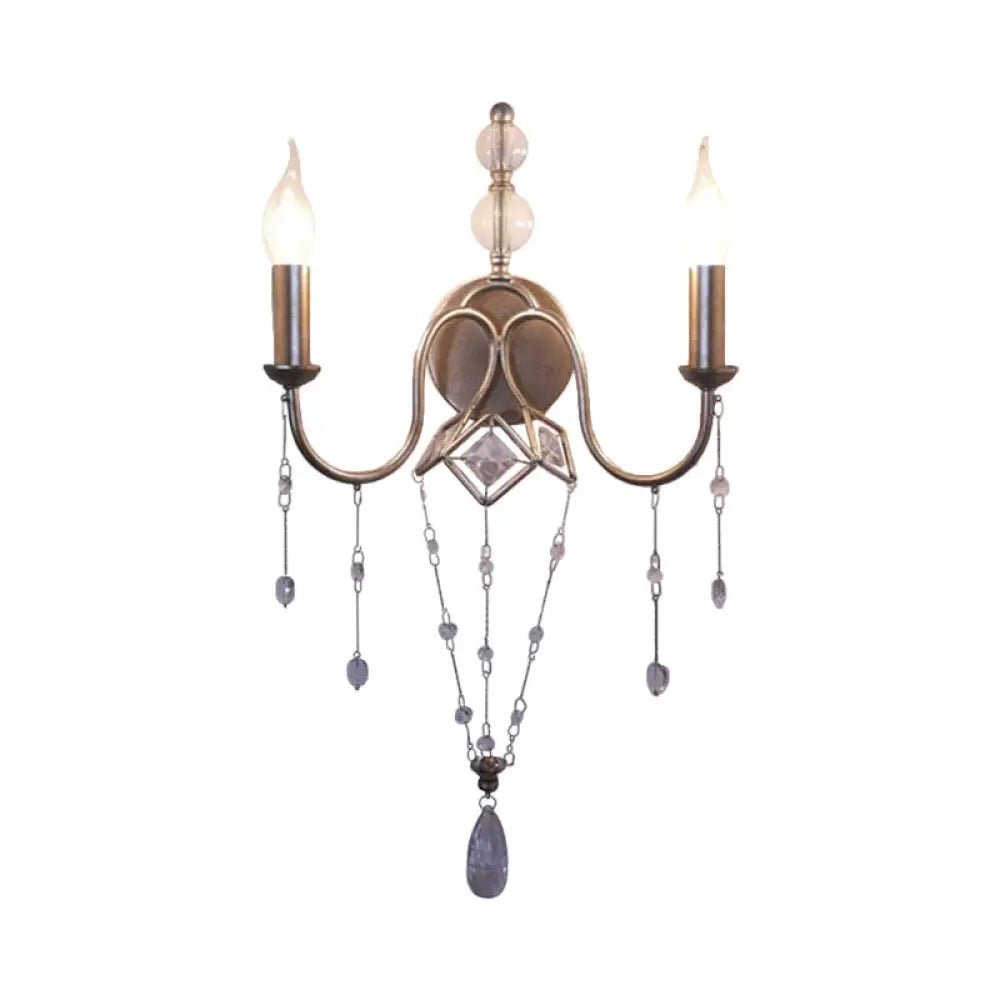 Silver Rustic Metal Candle Wall Sconce With Crystal Bracelet Décor - 2 Head Living Room Lighting