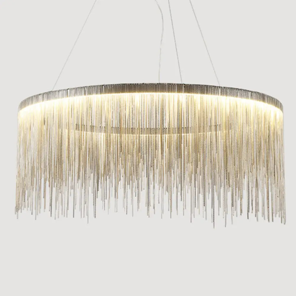 Silver Tassel Chain Pendant Lamp Modernist Metal Ceiling Chandelier In Round Shape / 16’ Warm