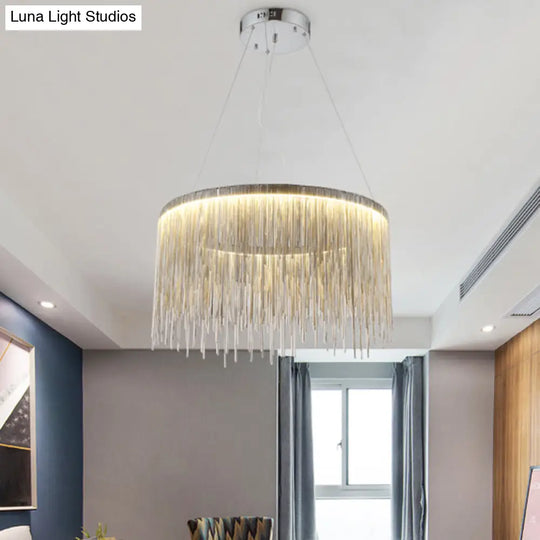 Silver Tassel Chain Pendant Lamp Modernist Metal Ceiling Chandelier In Round Shape