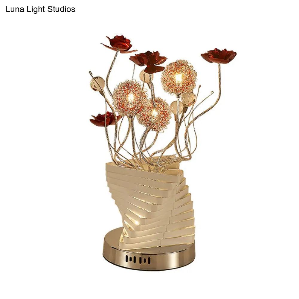 Silver Twisty Aluminum Led Nightstand Lamp With Decorative Rose Design Ideal For Bedroom Decoration