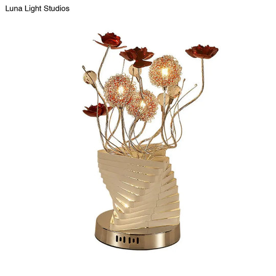 Silver Twisty Aluminum Led Nightstand Lamp With Decorative Rose Design Ideal For Bedroom Decoration