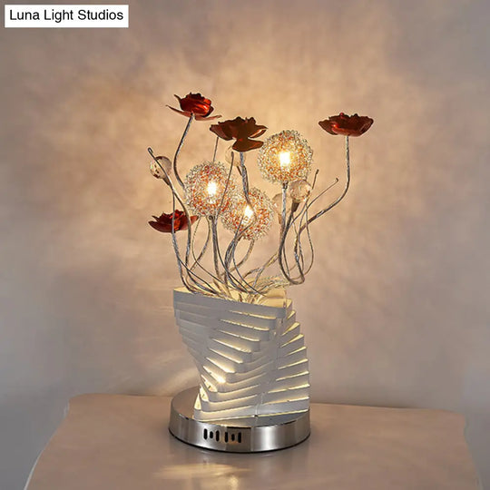 Silver Twisty Aluminum Led Nightstand Lamp With Decorative Rose Design Ideal For Bedroom Decoration