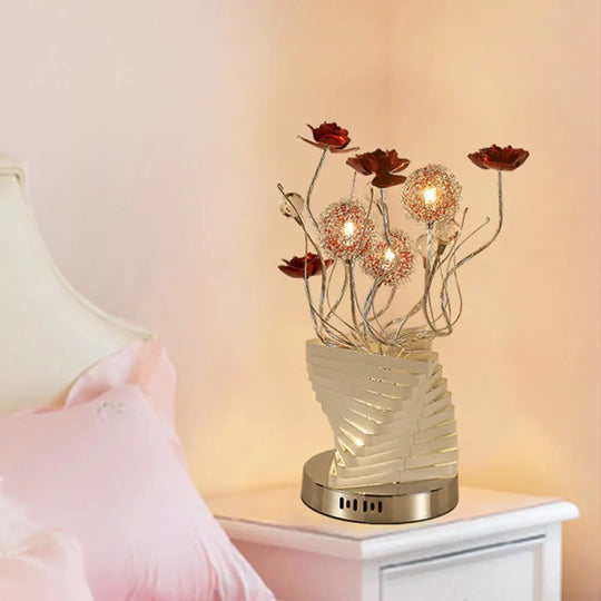 Silver Twisty Aluminum Led Nightstand Lamp With Decorative Rose Design Ideal For Bedroom Decoration