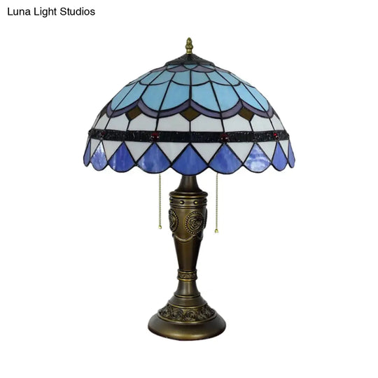 Mediterranean Teardrop-Edge Blue And White Nightstand Lamp With Pull Chain