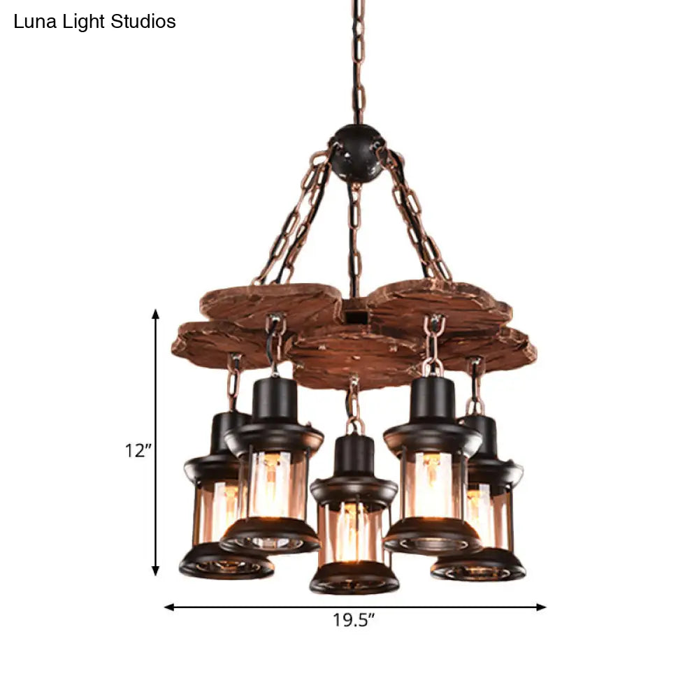 Silvia - Rustic 5 Lights Chandelier Light Fixture Farm Dining Room Wood Pendant With Lantern Clear