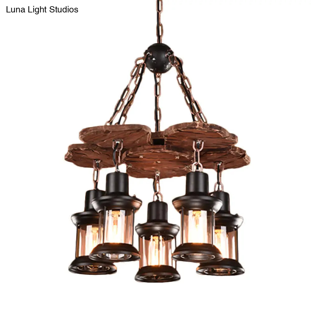 Silvia - Rustic 5 Lights Chandelier Light Fixture Farm Dining Room Wood Pendant With Lantern Clear