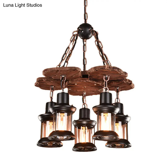 Silvia - Rustic 5 Lights Chandelier Light Fixture Farm Dining Room Wood Pendant With Lantern Clear