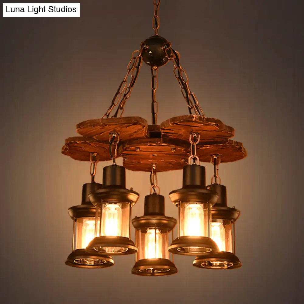 Silvia - Rustic 5 Lights Chandelier Light Fixture Farm Dining Room Wood Pendant With Lantern Clear