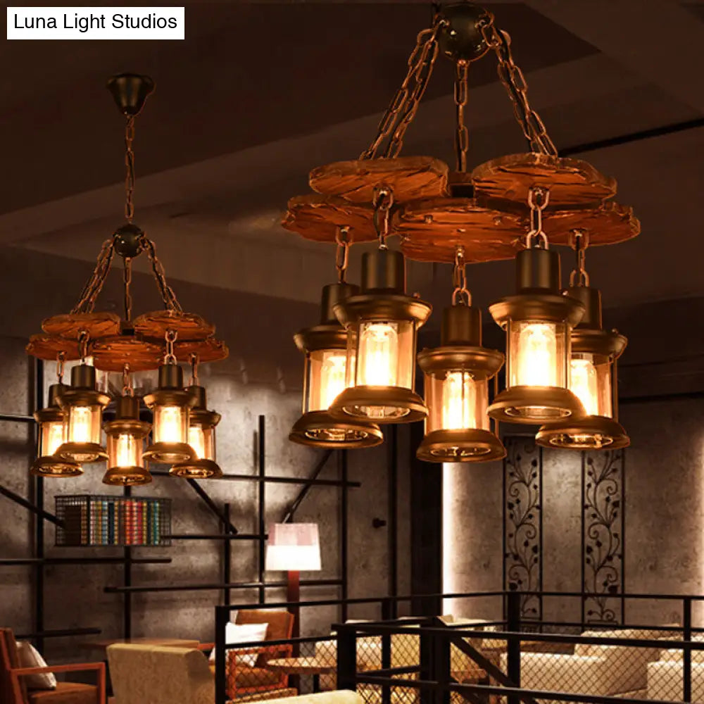 Silvia - Rustic 5 Lights Chandelier Light Fixture Farm Dining Room Wood Pendant With Lantern Clear