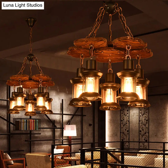 Silvia - Rustic 5 Lights Chandelier Light Fixture Farm Dining Room Wood Pendant With Lantern Clear