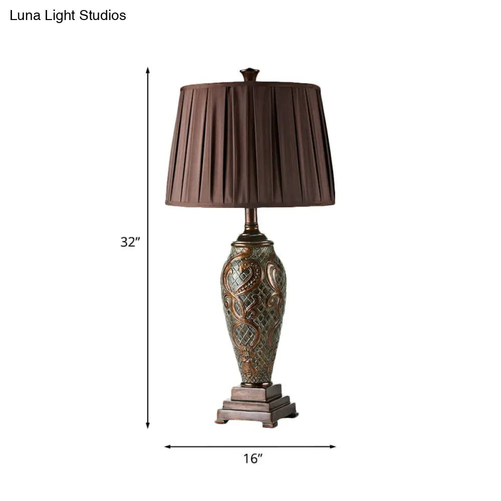 Silvia - Rustic Resin Coffee Table Stand Light Urn-Base 1 Head Night Lamp With Drum Pleated Fabric