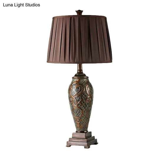 Rustic Resin Coffee Table Lamp With Drum Pleated Fabric Shade