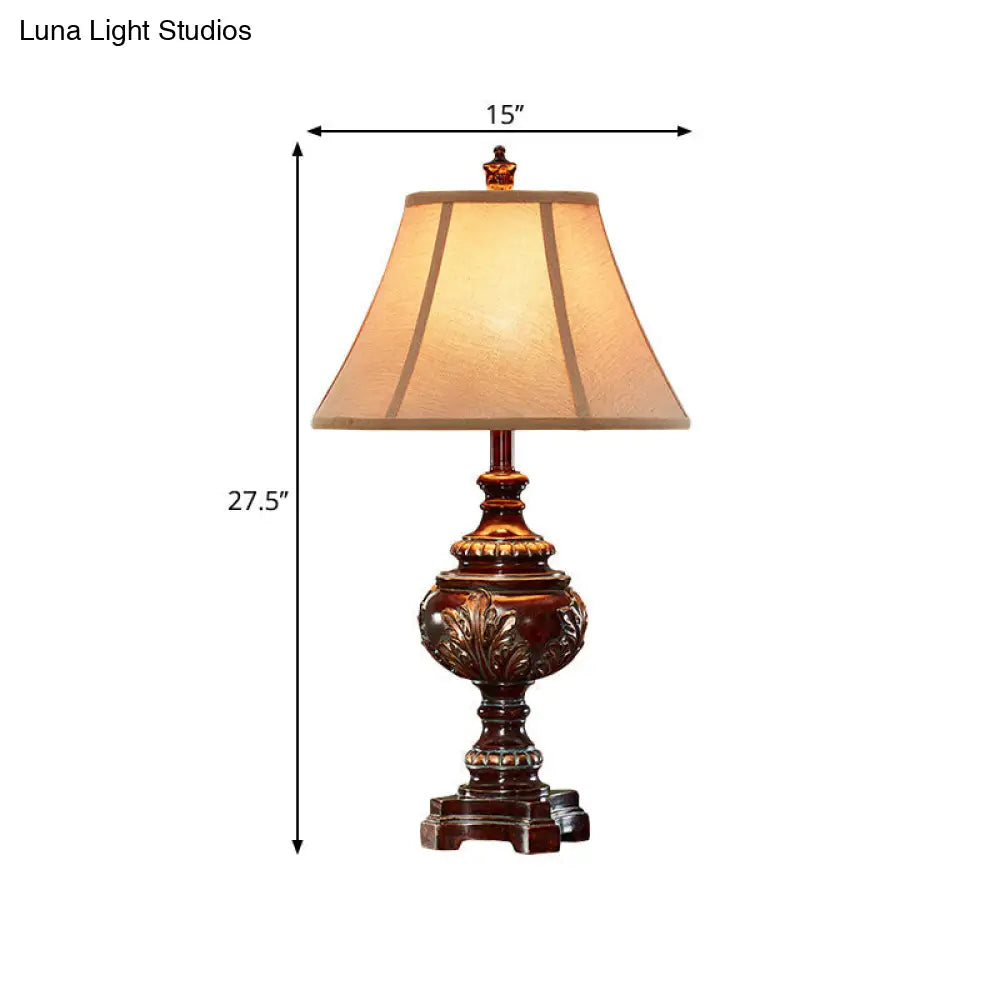 Traditional Style Brown Fabric Nightstand Lamp With Bell Shade - Ideal Bedside Desk Light