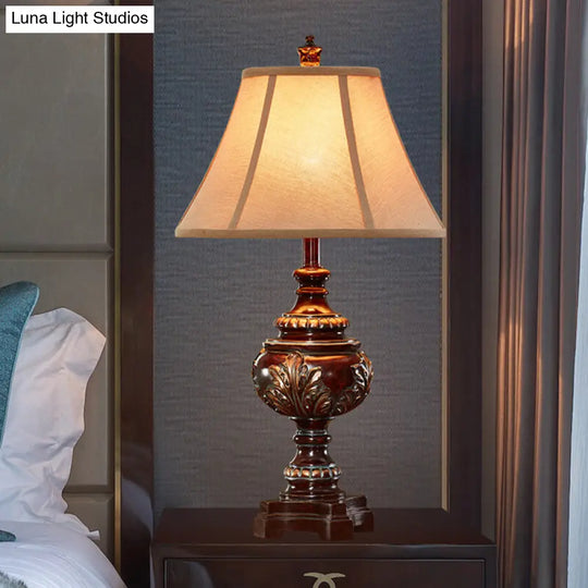 Traditional Style Brown Fabric Nightstand Lamp With Bell Shade - Ideal Bedside Desk Light