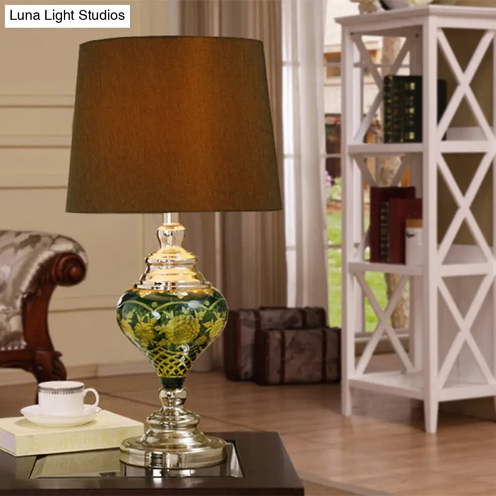 Country Style 1-Light Desk Lamp With Tapered Drum Fabric Shade Brown Nightstand Light Vase Base