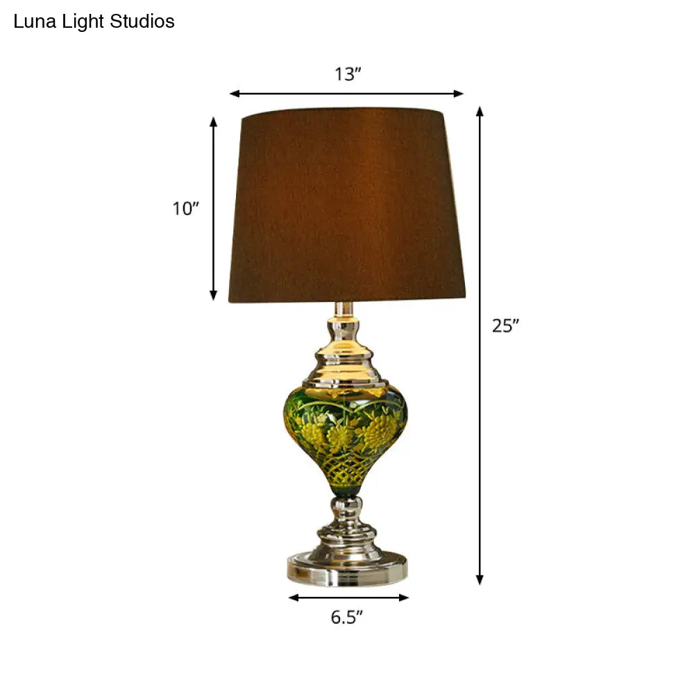 Country Style 1-Light Desk Lamp With Tapered Drum Fabric Shade Brown Nightstand Light Vase Base