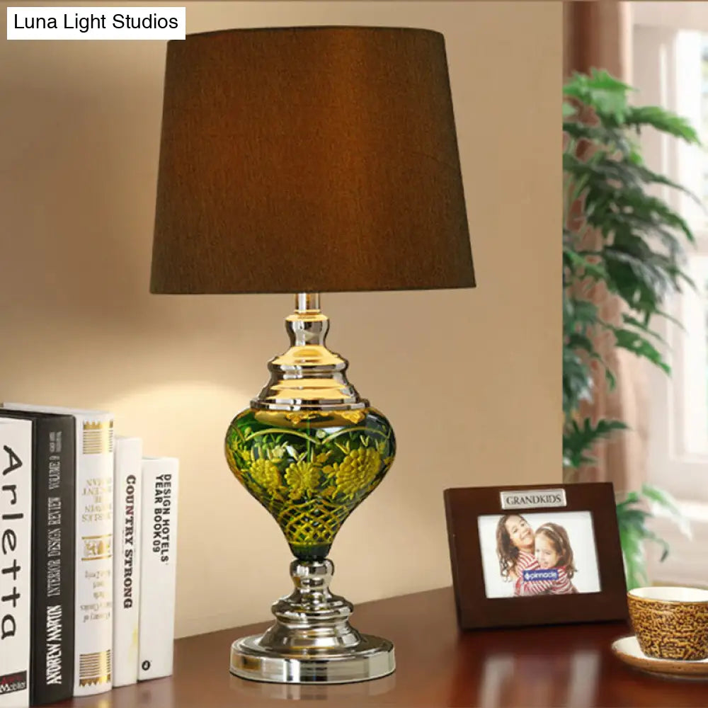 Country Style 1-Light Desk Lamp With Tapered Drum Fabric Shade Brown Nightstand Light Vase Base