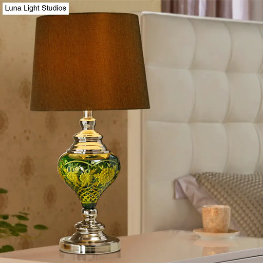 Country Style 1-Light Desk Lamp With Tapered Drum Fabric Shade Brown Nightstand Light Vase Base