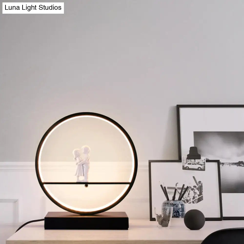 Romantic Acrylic Table Lamp: Simple Black/White Hoop Nightstand Light With Lover Statuette