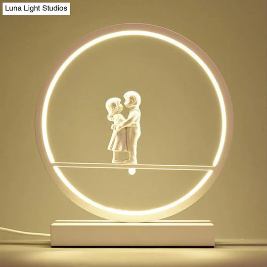 Romantic Acrylic Table Lamp: Simple Black/White Hoop Nightstand Light With Lover Statuette