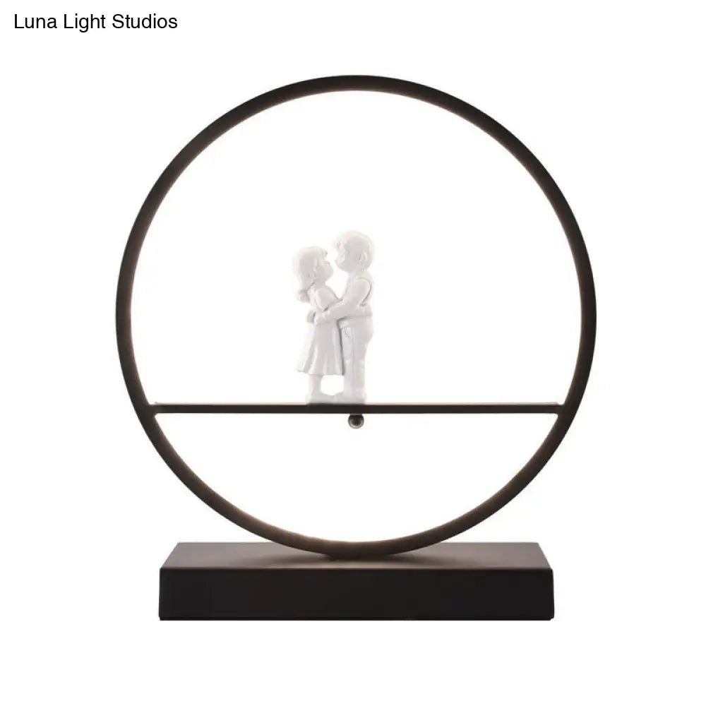 Romantic Acrylic Table Lamp: Simple Black/White Hoop Nightstand Light With Lover Statuette