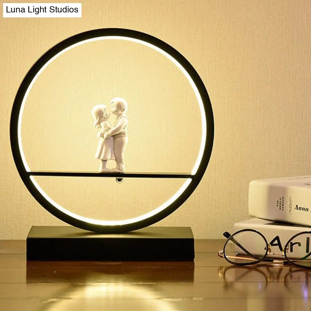 Romantic Acrylic Table Lamp: Simple Black/White Hoop Nightstand Light With Lover Statuette